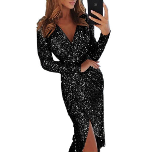 Sexy Sequined Long Sleeved V-Neck Dress – wensoal