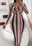 V-Neck Striped Print High Waist Long Sleeve Dress