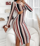 V-Neck Striped Print High Waist Long Sleeve Dress