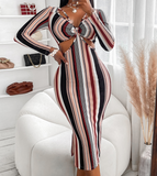 V-Neck Striped Print High Waist Long Sleeve Dress