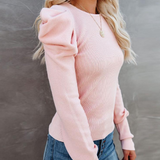 Solid Color Long Sleeve Women'S Puff Sleeve Pit Strip Top