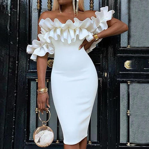 White Women's Sexy Ruffled Bag Hip Dress