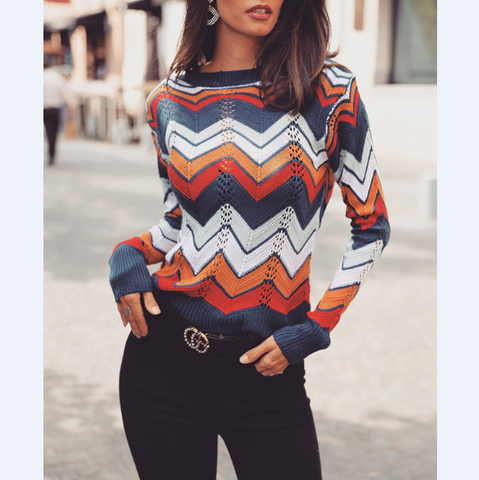 Knitted Round Neck Striped Rainbow Sweater