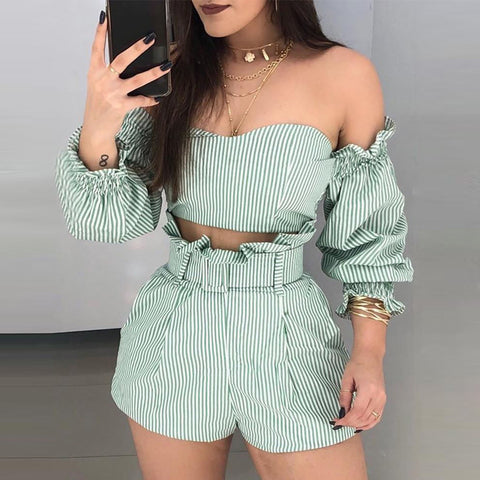 Sexy Women'S One-Shoulder Striped Two-Piece Suit