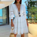 Solid Color V-Neck Long Sleeve White Dress