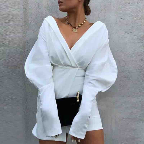 Elegant White Long Sleeve V-Neck Dress