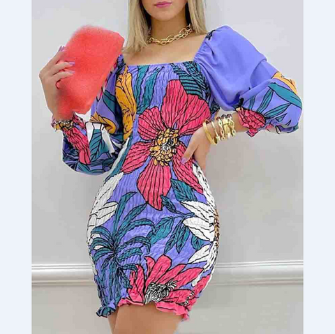 Casual Blue Floral Long Sleeve Printed Dress