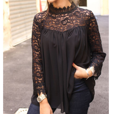 Casual Solid Color Sexy Lace Long Sleeve Top