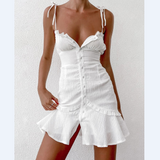 Women'S Sexy White V-Neck Button Tight Sling Dress