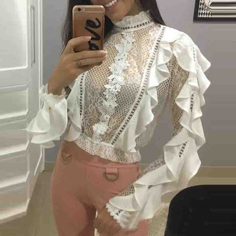 Flounced Lace High-Necked White Blouse