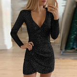 Sexy V-Neck Bag Hip Irregular Sequin Dress