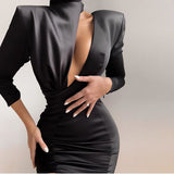 Solid Color Round Neck Long-Sleeved Slim Bag Hip Dress