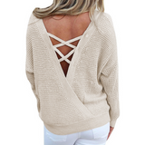 Loose V-Neck Knit Long Sleeves Backless Sweater