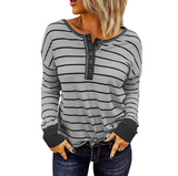 Long Sleeve Loose Striped Contrast Button T-Shirt Top