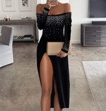 Design Hot Rhinestone One-shoulder Slit Dress