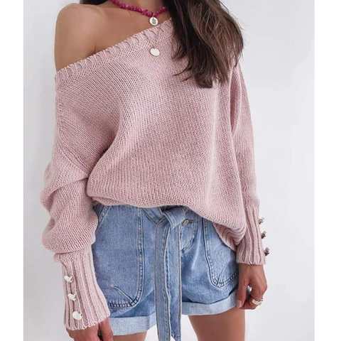 Long Sleeve Women'S Pink Casual Off-The-Shoulder Sweater