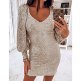 Sexy Puff Sleeve Deep V-neck Sequin Dress