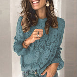 Long Sleeve Sexy Solid Color Round Neck Lace Shirt