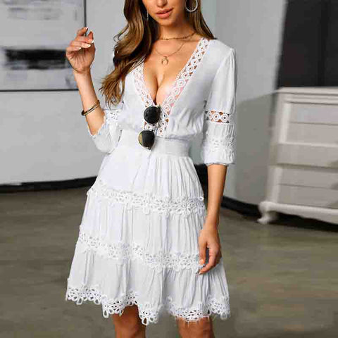 Solid Color White Long Sleeve Deep V Neck Dress