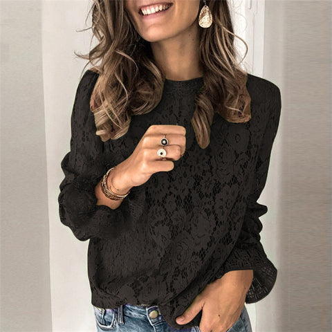 Long Sleeve Sexy Solid Color Round Neck Lace Shirt