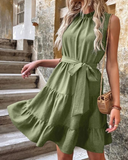 Women'S Solid Color High Neck Sleeveless Ruffle Dress