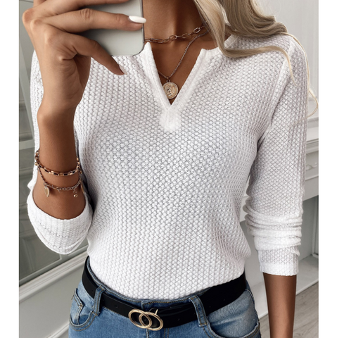 Casual Solid Color V-Neck Long-Sleeved Shirt Top
