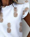 Summer Ruffled Short Sleeve Round Neck Pineapple Print Shirt