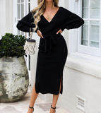 Solid Color Women'S Sexy V-Neck Long Sleeve Knitted Dress