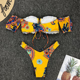 Yellow Puff Sleeve Sexy Bikini Swimsuit Set
