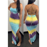 Backless Gradient Color Tie Dye Bandage Slit Maxi Dress