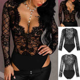 Fashion Sexy Lace Splicing Long Sleeve Bodysuit