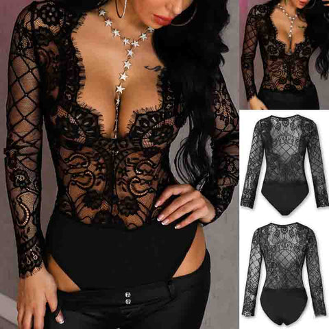 Fashion Sexy Lace Splicing Long Sleeve Bodysuit