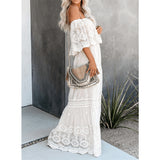 Elegant White High Waist Open Back One-Shoulder Lace Dress