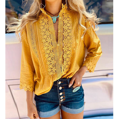 Lace Solid Color Long-Sleeved Shirt Top