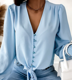 Women'S Solid Color Blue Long Sleeve V-Neck Shirt