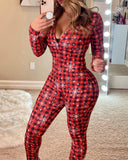 Women's Red Plaid Printed Long Sleeve Skinny Jumpsuit