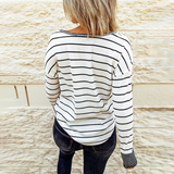 Long Sleeve Loose Striped Contrast Button T-Shirt Top
