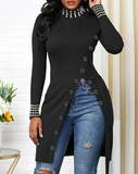 Solid Color Women's Beaded Long Sleeve Slit Top