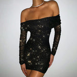 Long-Sleeved Women'S Sexy High-Waisted One-Neck Strapless Hip Dress