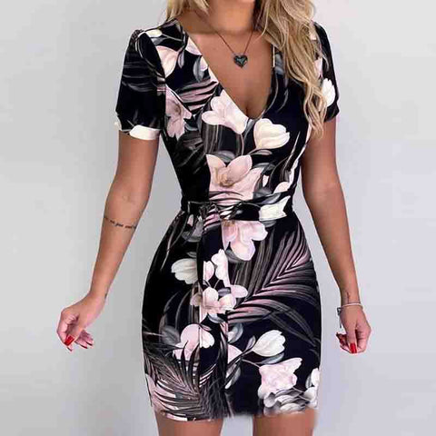 Sexy V-neck Printed Short Sleeve Dress