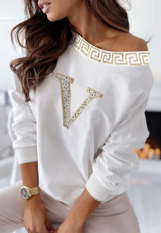 Solid Color Casual Hot Diamond Long Sleeve White Top