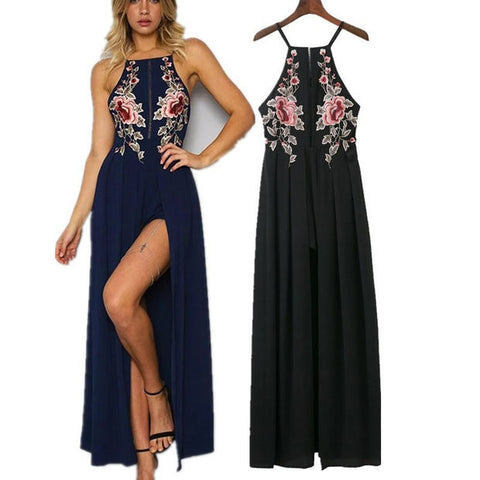 2017 Summer Spaghetti Strap Criss Cross Strappy Back Maxi Dress with Floral Embroidery