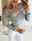 Sexy One-Shoulder Off-Shoulder Lace Pearl Top