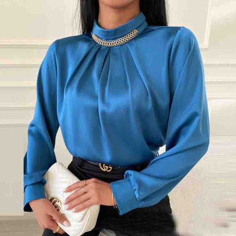 Round Neck Solid Color Long Sleeve Slim Shirt