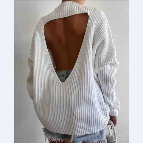 Long Sleeve Women'S Loose White Open Back Knit Sweater