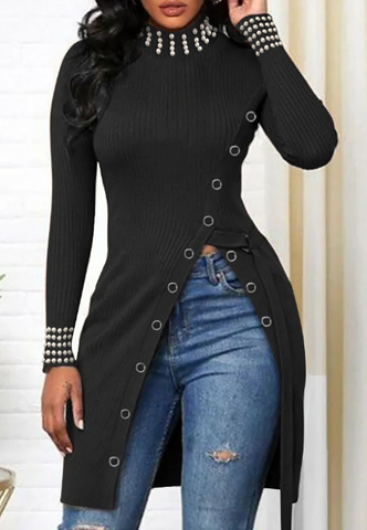 Solid Color Women's Beaded Long Sleeve Slit Top