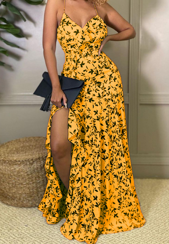 Women'S Sexy V-Neck Slit Floral Sling High Waist Dress