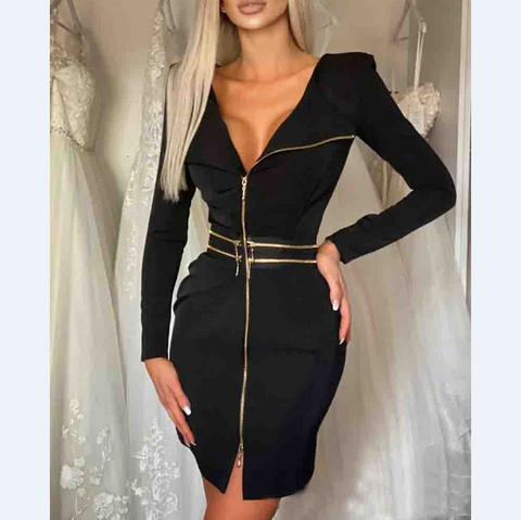 Long Sleeve Women'S Black Zipper Dress