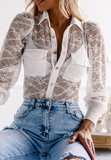 White Sexy Lace Long Sleeve Solid Color Shirt