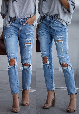Casual Blue Shredded Slim Jeans